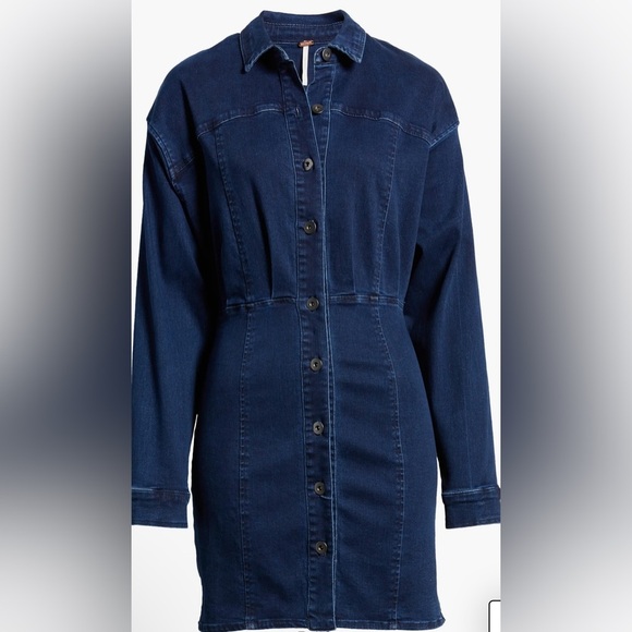 Free People Amber Long Sleeve Denim Shirt Dress Size 14 New - Picture 5 of 9